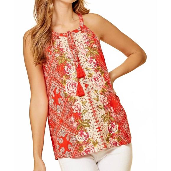NEW ANDREE BY UNIT bandana embroidered tank top - plus in red - Picture 1 of 4